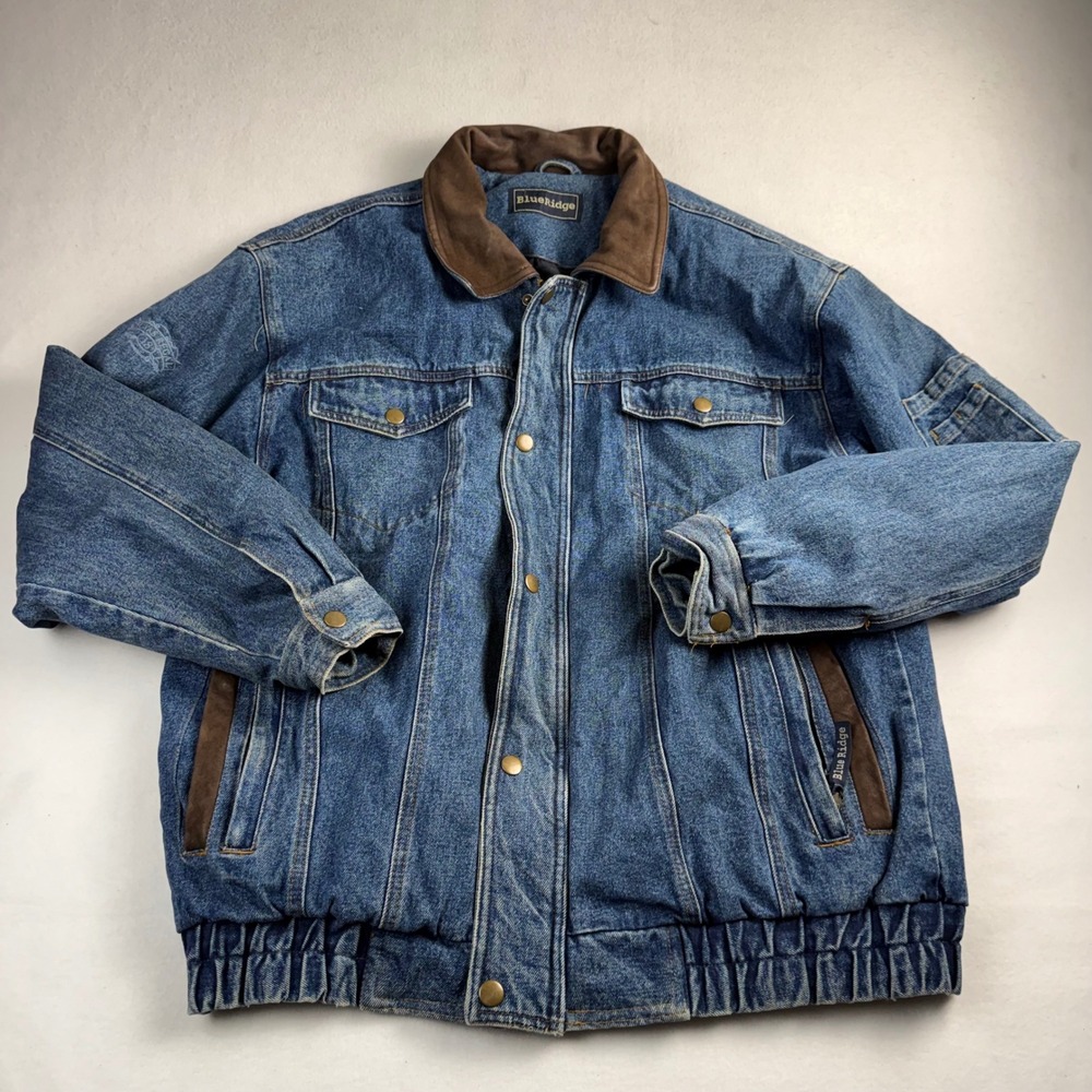 BlueRidge Mens Blue‎ Denim Bomber Jacket Brown Collar Chivas Regal 18 Large